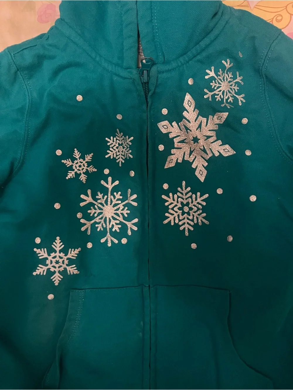 1989 Place Teal Hooded Puffer Jacket with Snowflake Print